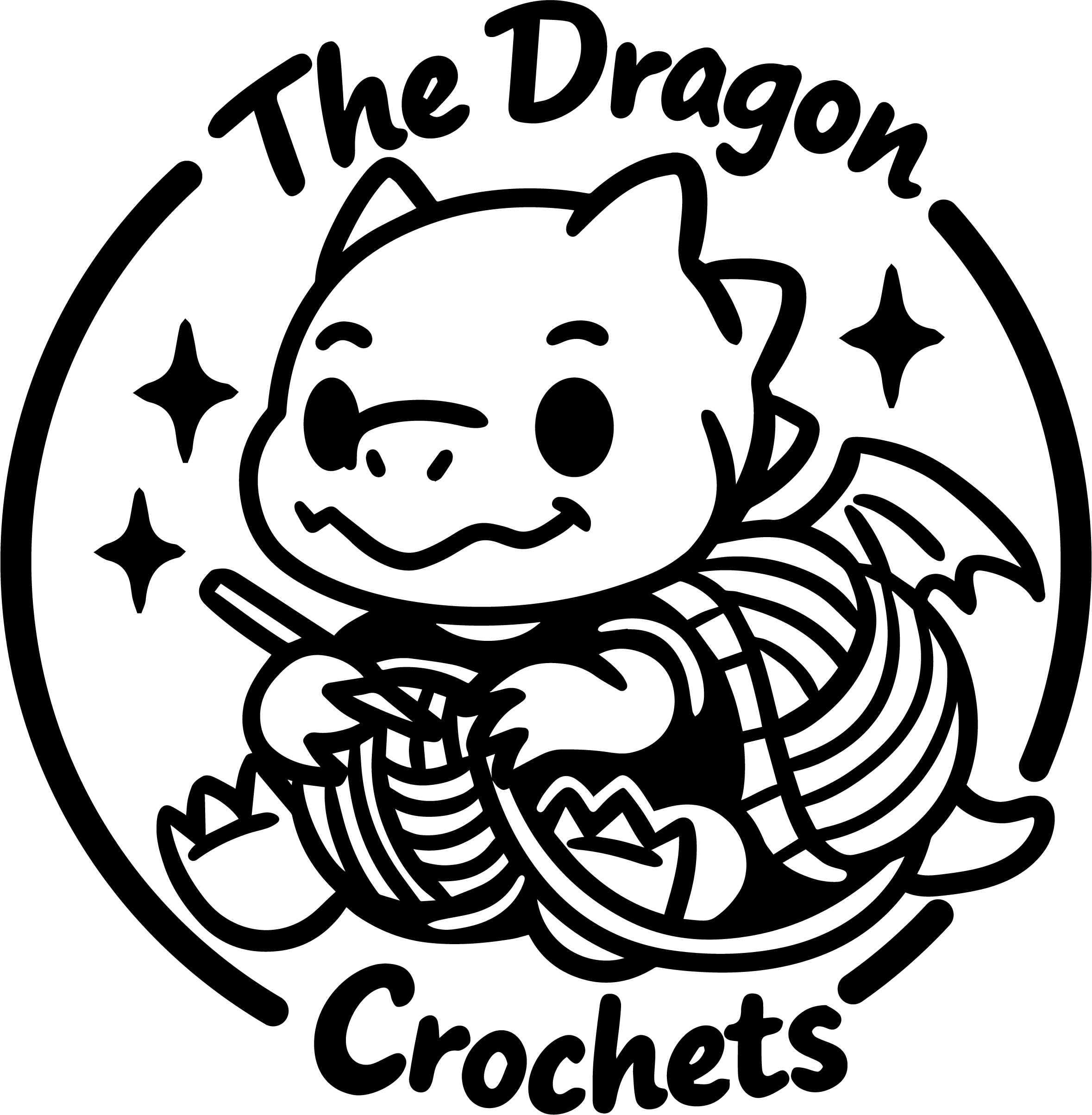 A small, cute dragon-turtle (with a yarn-ball shell) is preparing to crochet. The words "The Dragon Crochets" surround him.